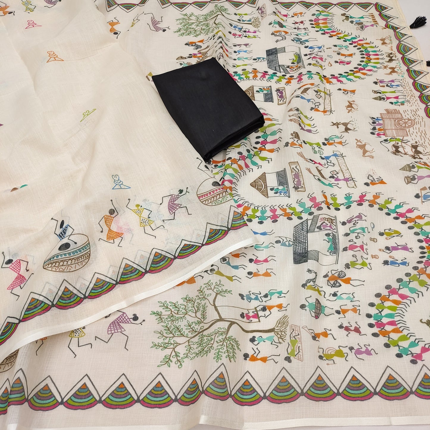 SOFT LINEN COTTON WARLI printed Saree with Cotton tassles on pallu & BLOUSE pice