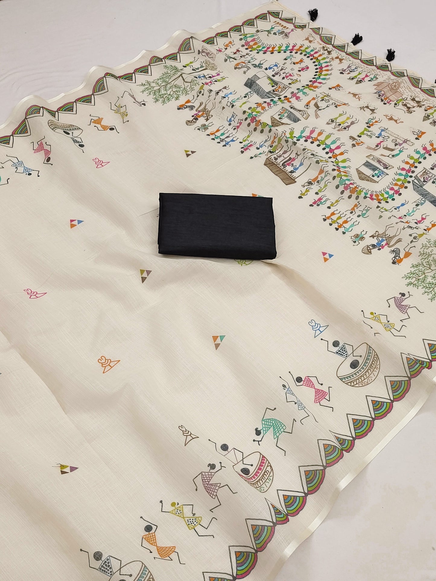 SOFT LINEN COTTON WARLI printed Saree with Cotton tassles on pallu & BLOUSE pice
