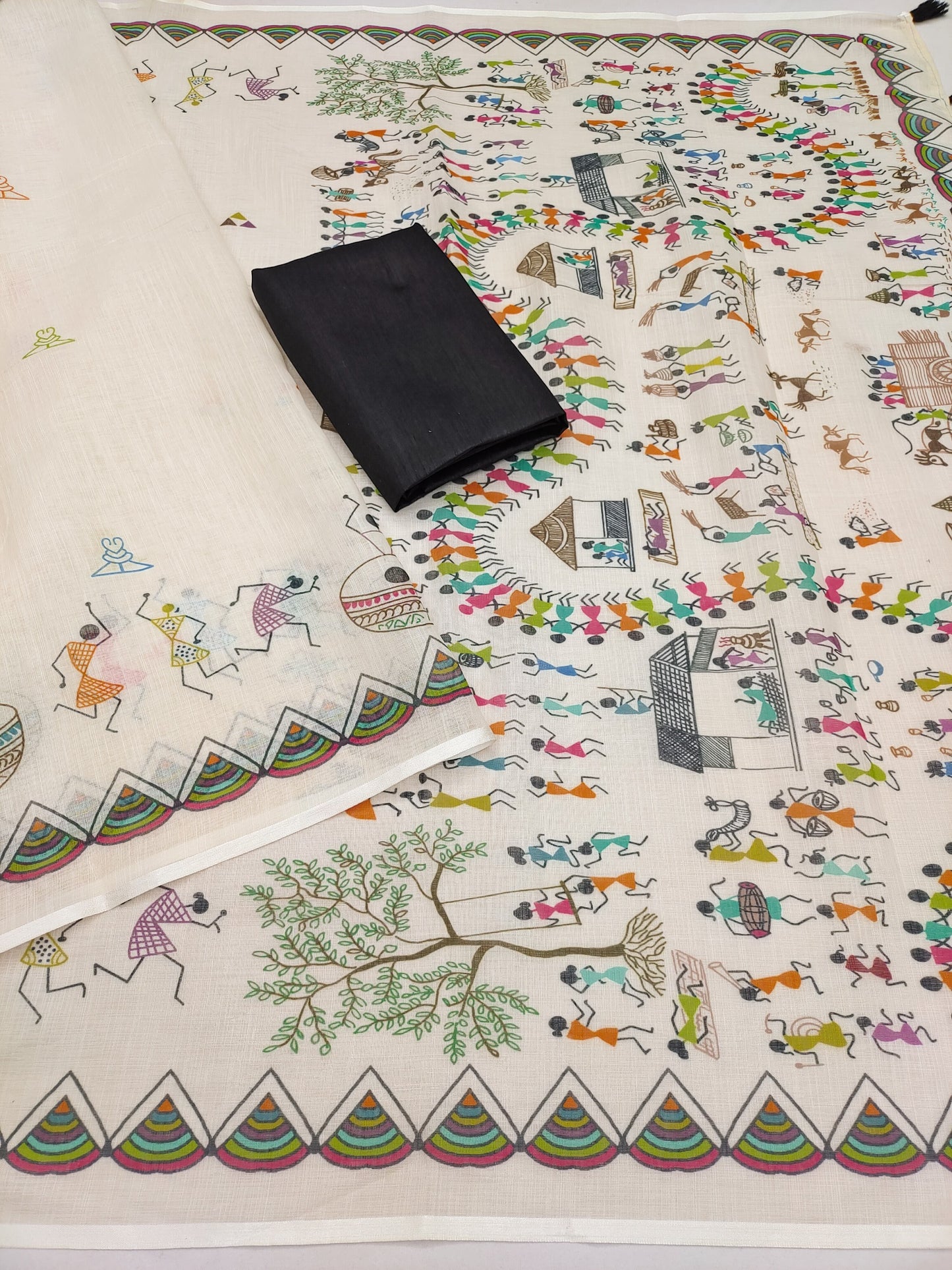 SOFT LINEN COTTON WARLI printed Saree with Cotton tassles on pallu & BLOUSE pice