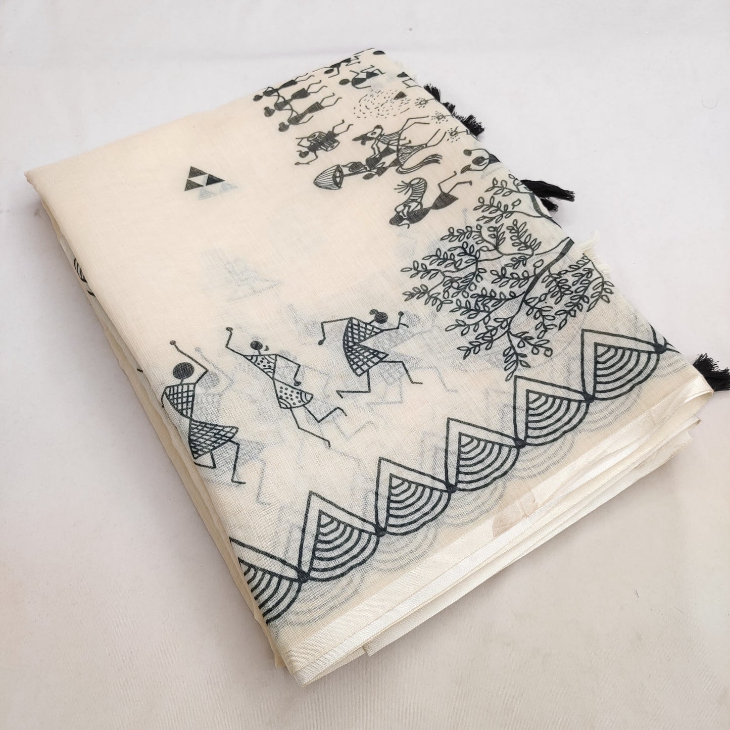 SOFT LINEN COTTON WARLI printed Saree with Cotton tassles on pallu & BLOUSE pice