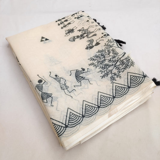 SOFT LINEN COTTON WARLI printed Saree with Cotton tassles on pallu & BLOUSE pice