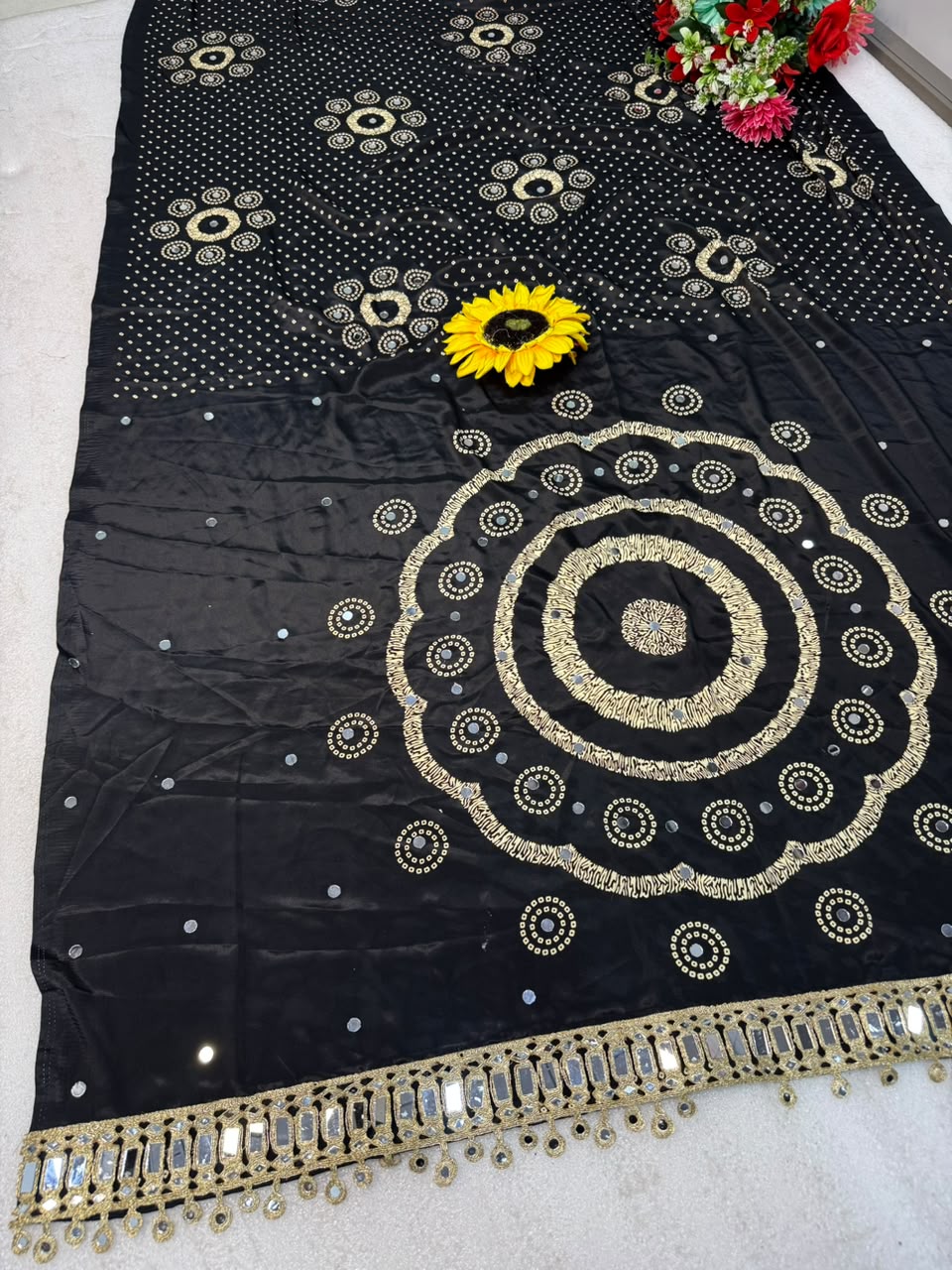 Ajrakh Gajji Silk Saree with Mirror Work