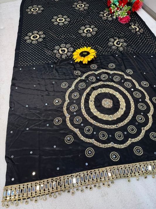 Ajrakh Gajji Silk Saree with Mirror Work