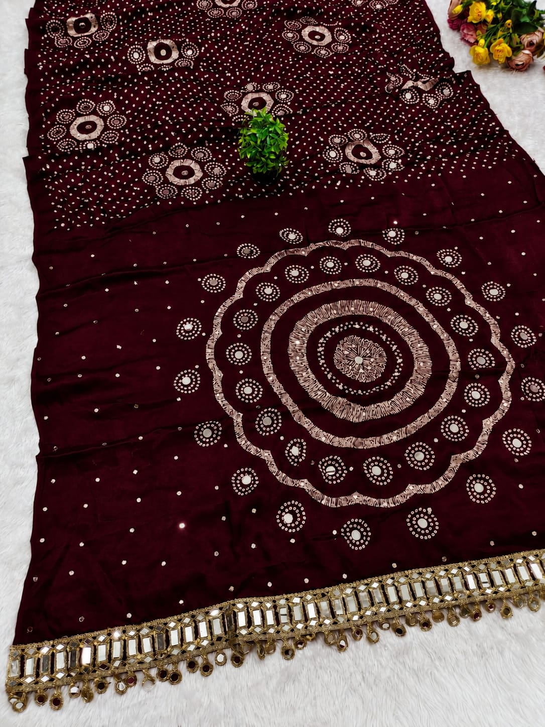 Ajrakh Gajji Silk Saree with Mirror Work