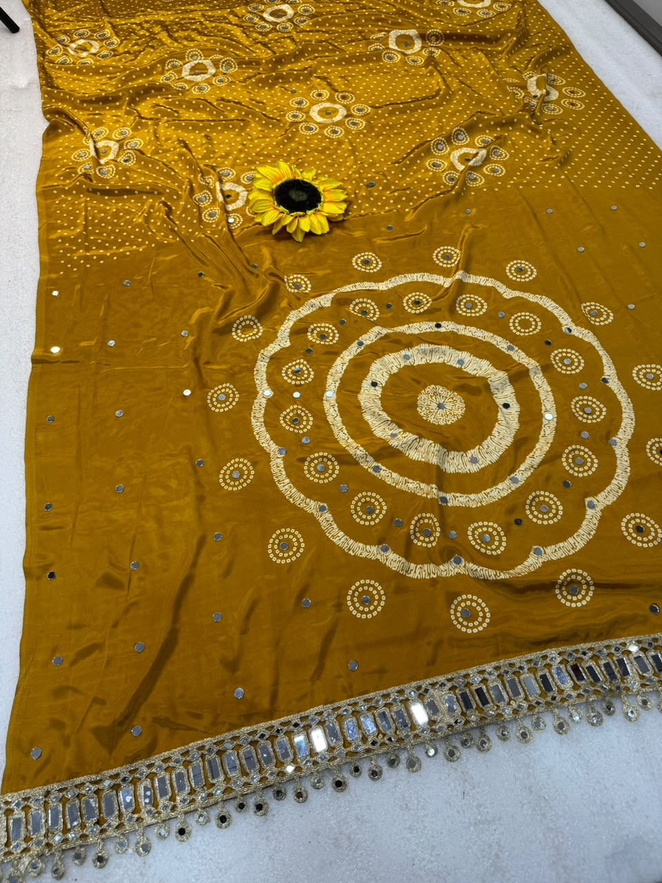 Ajrakh Gajji Silk Saree with Mirror Work