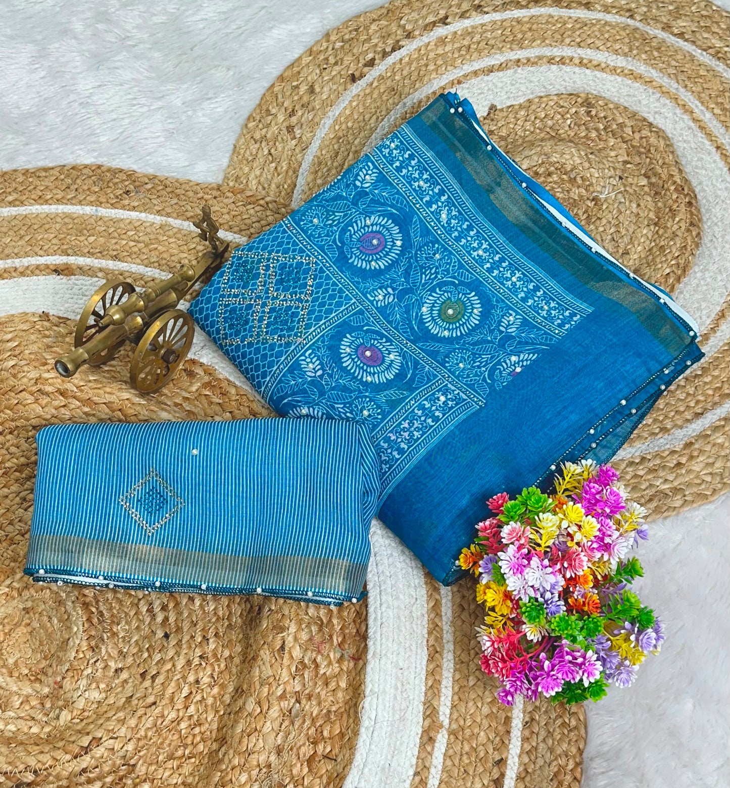 Premium linen Anmol Patta with digital print jarkan diamond work and hand moti attched with beautiful tassel and pari border work