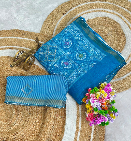 Premium linen Anmol Patta with digital print jarkan diamond work and hand moti attched with beautiful tassel and pari border work