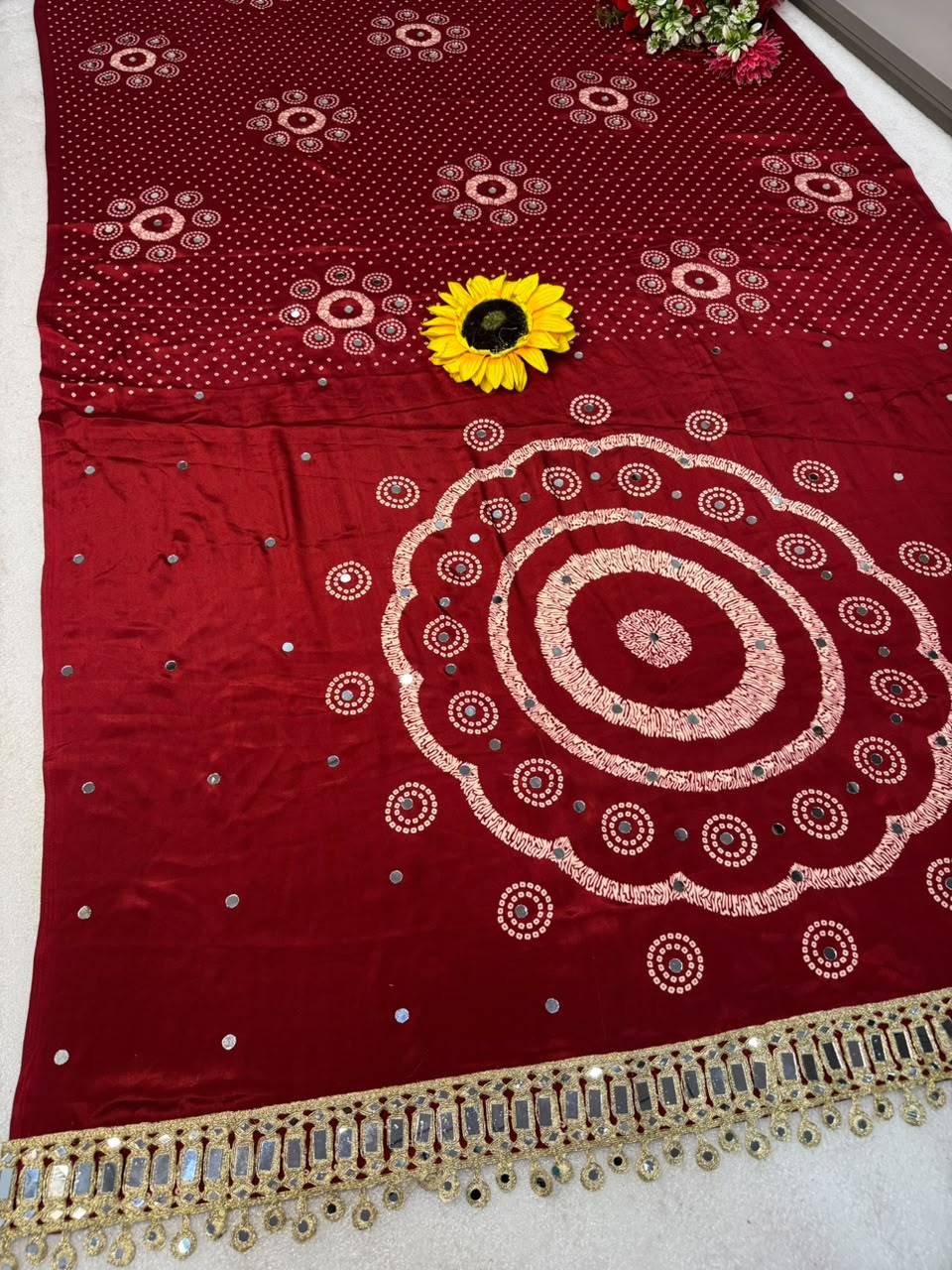 Ajrakh Gajji Silk Saree with Mirror Work