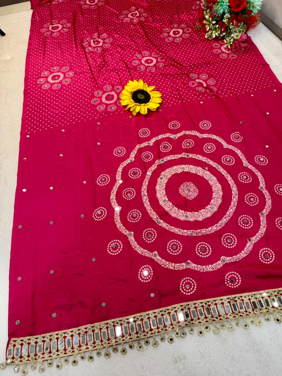 Ajrakh Gajji Silk Saree with Mirror Work