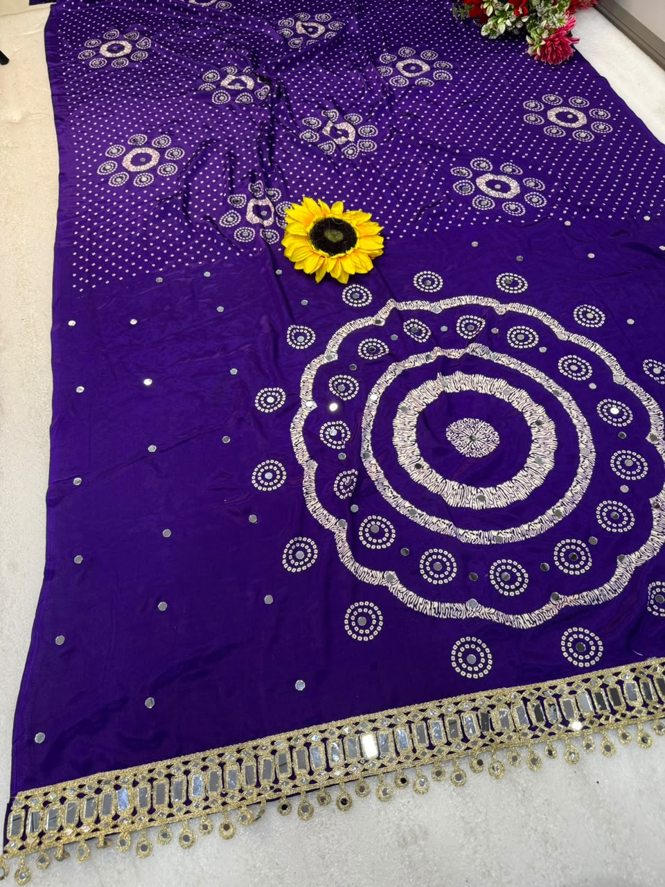 Ajrakh Gajji Silk Saree with Mirror Work